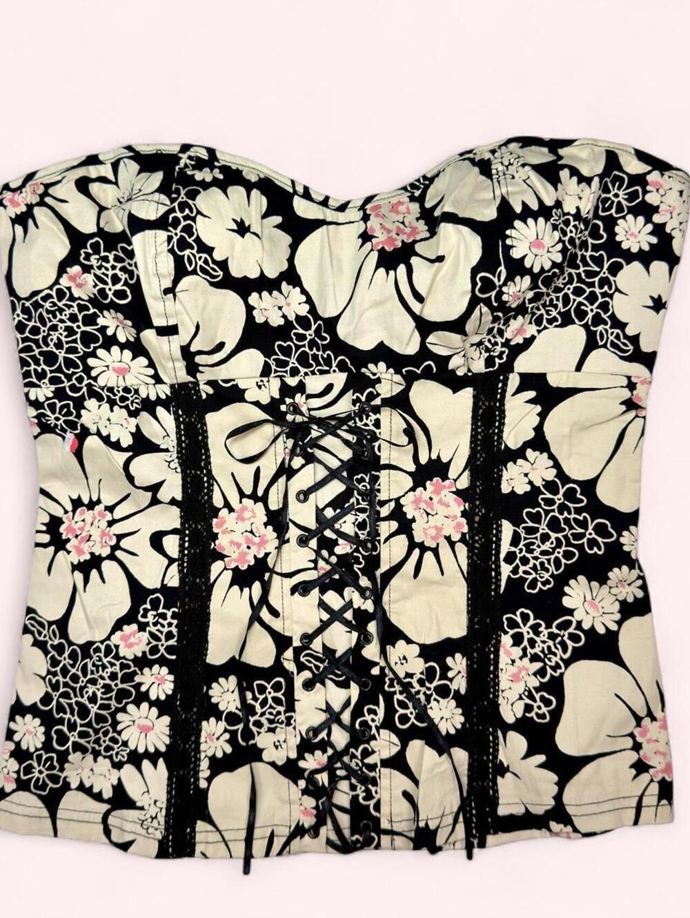 Deadstock Angie black & cream floral lace up corset top with flowers
